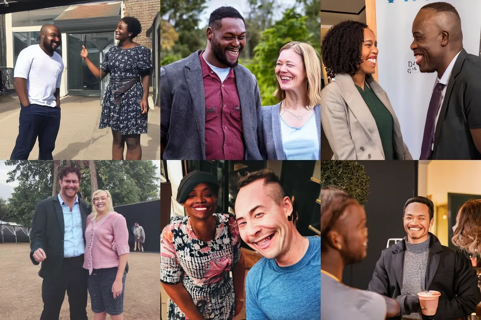 Prompt: candid photo of a short man smiling up at a very tall woman