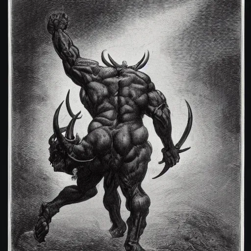 Image similar to full body grayscale drawing by Gustave Dore of muscled humanoid balrog beast with horns in heroic pose, swirling flames in background