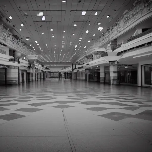 Image similar to an old creepy empty mall at night with only one light on