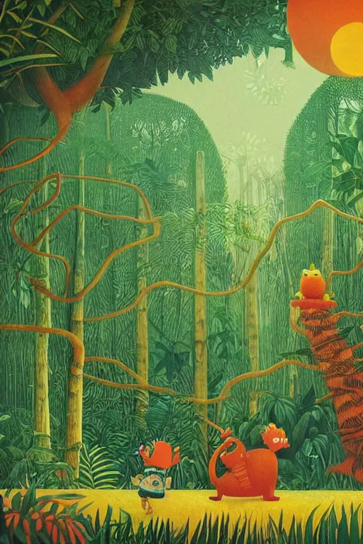 Prompt: night jungle, forest, stars, highly detailed, unreal engine render concept art, style of henri rousseau and richard scarry and hiroshi yoshida