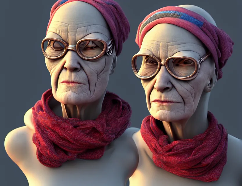 Prompt: cinematic bust portrait of robo face, cyborg body granny!, a scarf tied on the head, by jean giraud, trending artstaition, 3 d, unreal engine