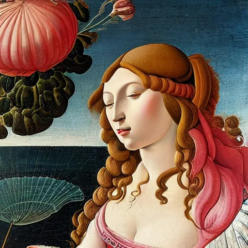 Prompt: an hyperrealistic mythological oil painting of venus with long brown hair, full body, wearing pink floral chiton, sleeping on a giant scallop shell, near the seashore, intricate lines, elegant, renaissance style, by sandro botticelli