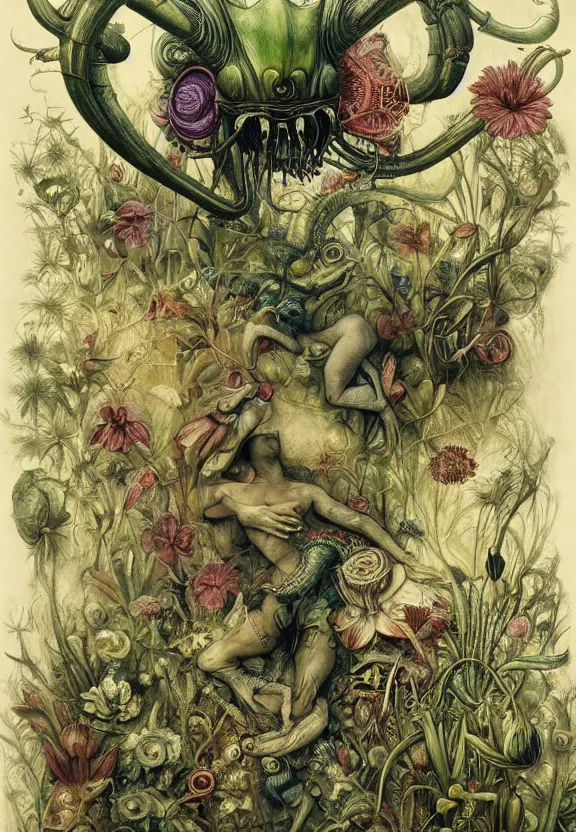 Prompt: simplicity, elegant, muscular animals, human babies, botany, orchids, radiating, colorful mandala, psychedelic, overgrown garden environment, by h. r. giger and esao andrews and maria sibylla merian eugene delacroix, gustave dore, thomas moran, pop art, biomechanical xenomorph, street art, saturated