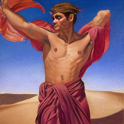 Image similar to Silk sheet intercession desert the tempest male Bedouin under crimson azure diamond sky, in the style of Frank Frazetta, Jeff Easley, Caravaggio, extremely clear faces coherent, clear lines, 8K revolution