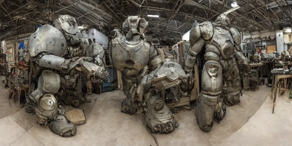 Prompt: wide angle panorama shot photo taken of an epic intricate, ultra detailed, super realistic gritty, hero prop, exquisitely weathered very clunky, bulky fallout 5 power armour suits movie prop replica's in a row in the workshop, created by weta workshop, full body shot, photorealistic, sharp focus, white wall, cold colour temperture