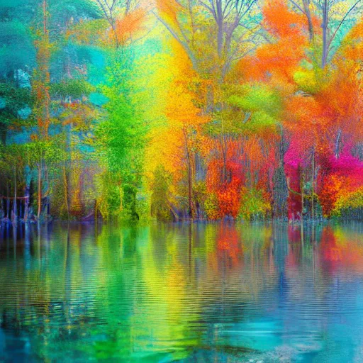 Image similar to colorful forest lake, realistic, detailed