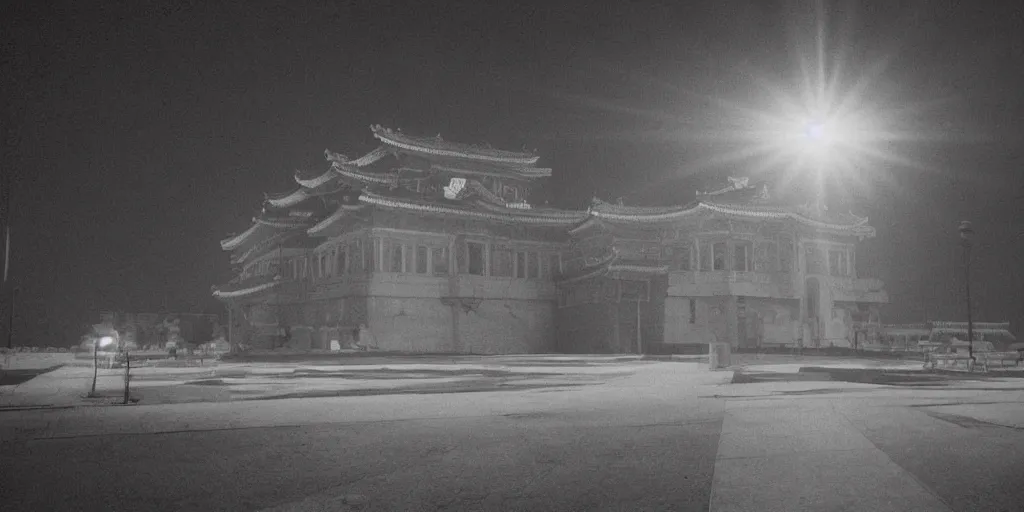 Image similar to light coming out of one bull - like kaiju starfish monster, korean film noir, korean traditional palace, pyongyang city, 1 9 6 0 s, red color bleed, 4 k, video compression, video glitch, monochrome, akira kurosawa, mamoru oshii, wes anderson, stanley kubrick