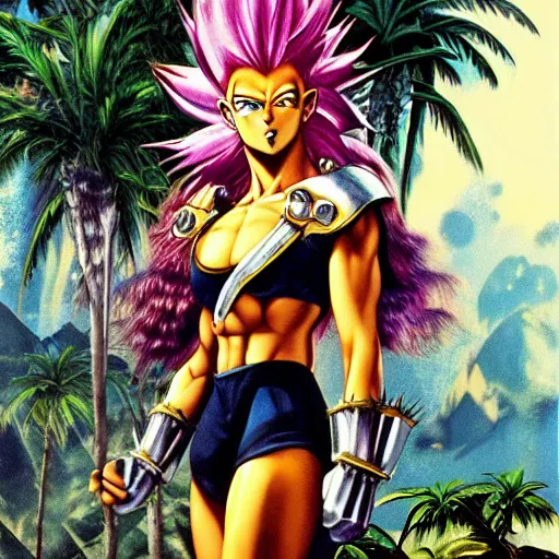 Image similar to 23-year-old muscular warrior girl wearing chrome silver armor, electrified hair, wild spiky black Saiyan hair, wild black hair, yellow eyes, tropical, palm trees, chrome buildings, futuristic base, 1987, Frank Frazetta, pulp art, video game box art, hyper detailed