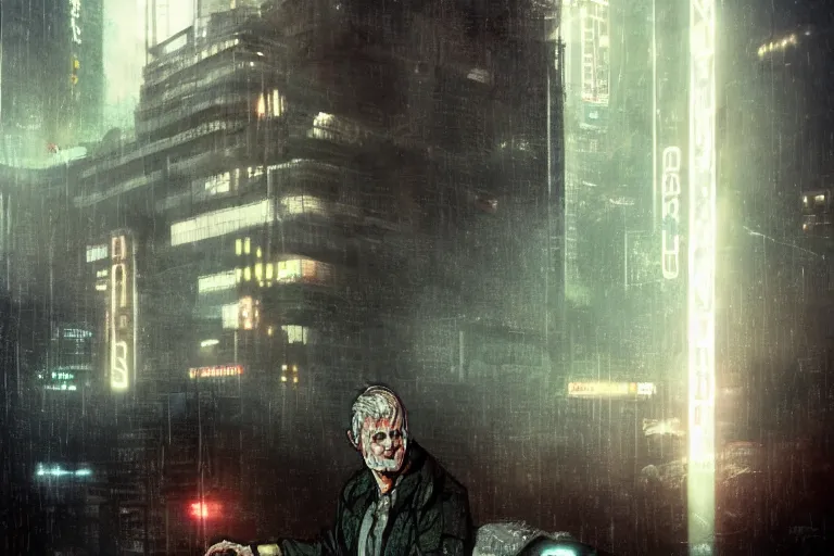 Image similar to roy batty with a bare torso sits in the lotus position with his head bowed in the rain on the roof of a building in the cyberpunk future, around neon signs, a little haze, night, realistic proportions, anime style ghost in armor