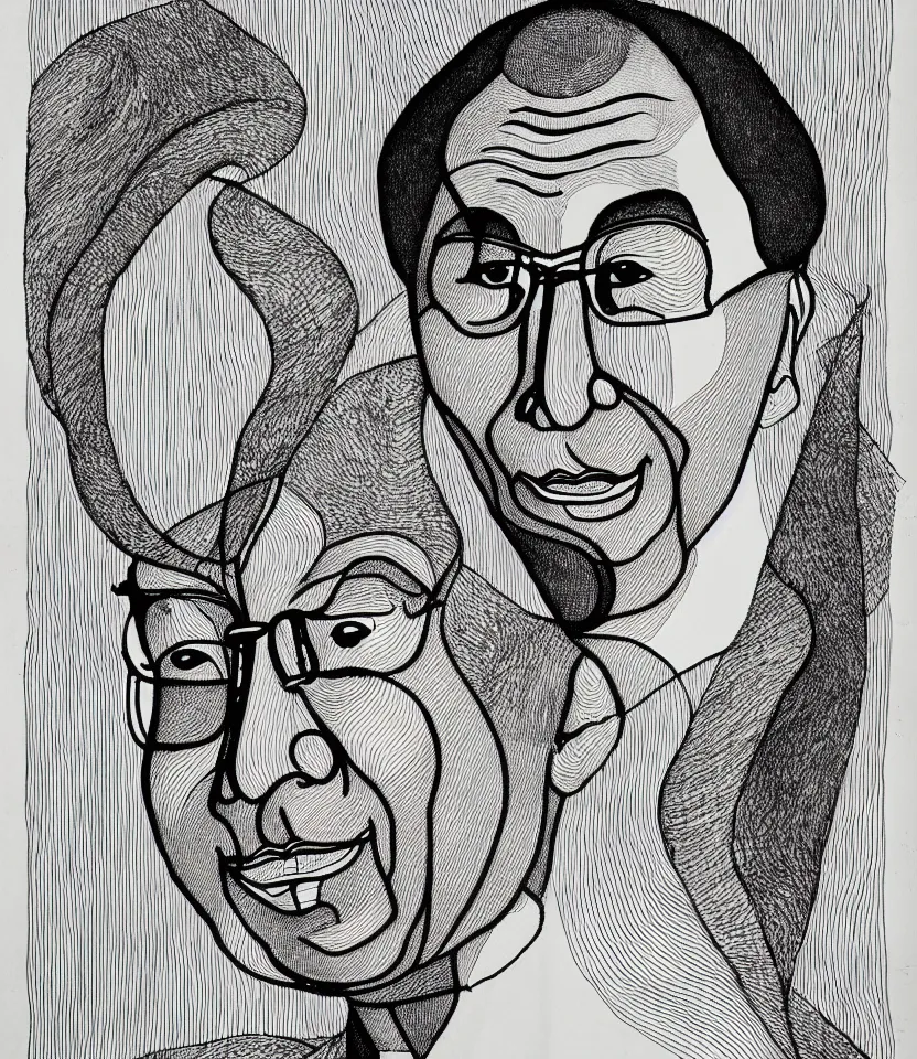 Image similar to elegant intricate line art portrait of the dalai lama. inspired by egon schiele. contour lines, graphic musicality, twirls, curls, curves, strong confident personality, staring at the viewer