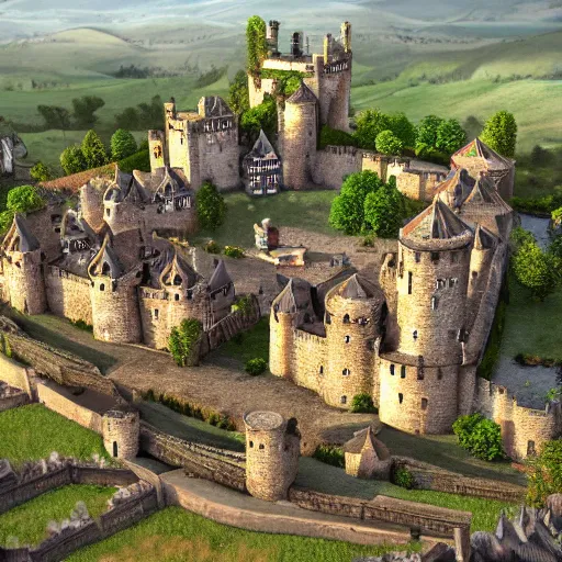 Image similar to medieval village with castle top view, photorealistic, trending on artstation