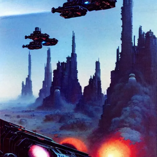 Image similar to war machines from a gate in hell, chris foss, john harris, beeple, wayne barlowe