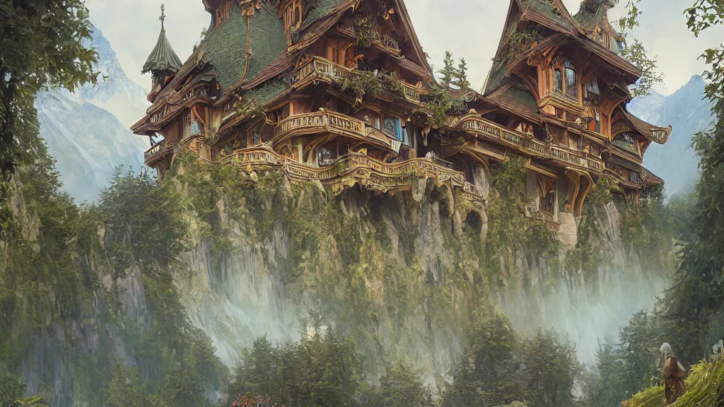 Prompt: a beautiful painting of art nouveau swiss chalet elven rivendell at sunrise in the distant mountains, intricate, elegant, highly detailed, digital painting, artstation, concept art, by krenz cushart and artem demura and alphonse mucha