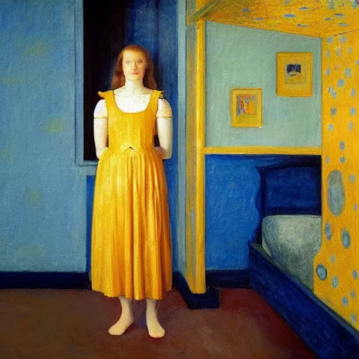 Image similar to a young girl in a blue golden room, film still by edward hopper, by Bosch, by klimt, art noveau, highly detailed, strong lights, liminal, eerie, Bright pastel colors