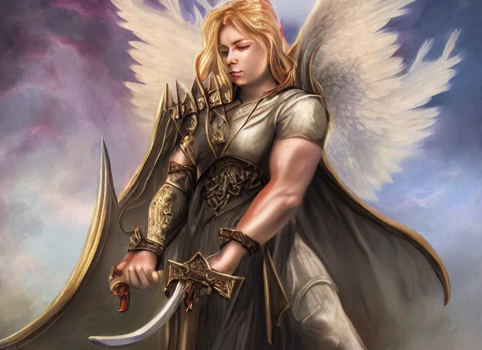 Image similar to a digital painting of an angel holding two swords, a digital rendering by jan tengnagel, fantasy art, deviantart uhd, deviantart, apocalypse art, ray tracing, highly detailed, high quality, 8 k resolution