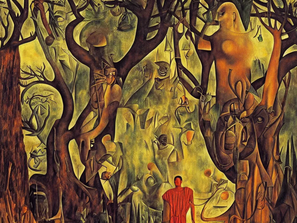 Image similar to Giant African sculpted god in a ravine, fog, melancholy, noise, surreal canopy, fire, harsh, golden light. Painting by Bosch, Frida Kahlo, Yves Tanguy.