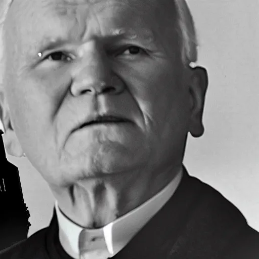 Image similar to photograph of john paul ii in black clothes staring at a big glowing christian cross, night, pitch black