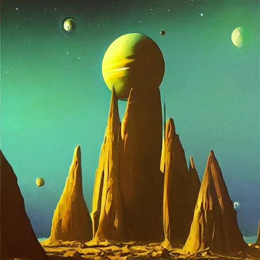 Image similar to oil painting of “the first explorers on Venus” vintage scifi art by Vincent Di Fate