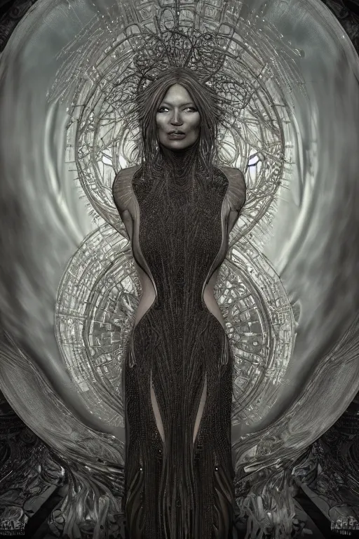 Image similar to a realistic moody photo of a beautiful ancient alien woman goddess kate moss angel standing in iris van herpen dress jewelery and fractals in style of alphonse mucha art nuvo dmt trending on artstation made in unreal engine 4