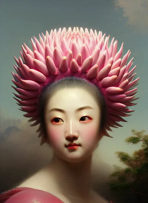 Image similar to stunning japanese godess, detailed pink and white protea head peace against a black backdrop by ivan aivazovsky, wlop, sharp details, photorealism, oil painting, beautiful soft lighting, muted colours, artstation