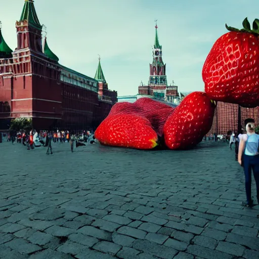 Image similar to super wide shot of giant strawberry monster on red square, 4 k, greg rutkowski, bokeh