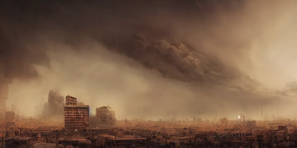 Prompt: long exposure photograph of dust storms above an Beautiful Orwellian City filled with climate crisis migrants, detailed textures, hyper realistic, vibrant colors, cinematic lighting, graffiti art style, climate change, digital art painting by greg rutkowski, cinematic, concept art, 35mm grain filter, artstation