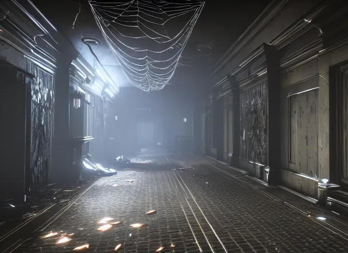 Image similar to large spider web infested hallway in destiny 2, liminal, dark, dystopian, abandoned, highly detailed 4 k 6 0 fps in - game destiny 2 gameplay screenshot leak