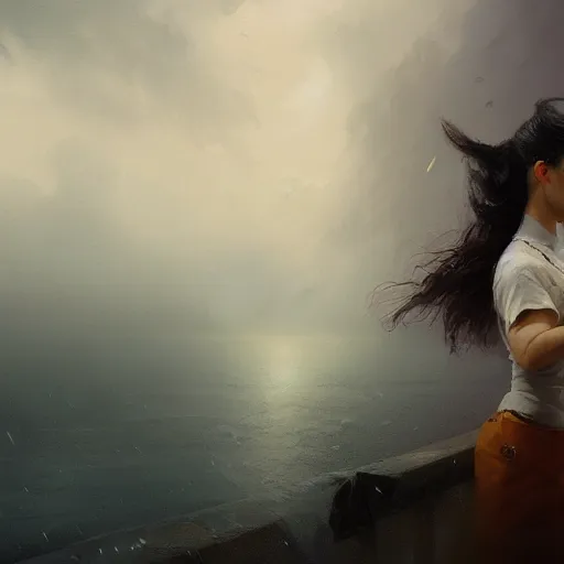 Image similar to epic portrait an waitress drinking coffee, short sleeved, white uniform, muscular, sweaty skin, wet long flowing hair, broad light, ambient occlusion, volumetric light effect, made by ivan aivazovsky, peter mohrbacher, greg rutkowski, matte painting, trending on artstation, 4 k, perfectly defined features, digital painting,