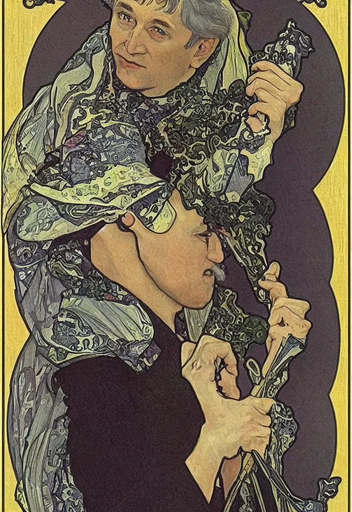 Image similar to realistic gray - haired geoffrey hinton on a tarot card, tarot in art style by alphonse mucha