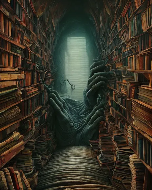 Image similar to highly detailed surreal vfx portrait of a creepy monster in a catacomb of books, stephen bliss, unreal engine, greg rutkowski, loish, rhads, beeple, makoto shinkai and lois van baarle, ilya kuvshinov, rossdraws, tom bagshaw, alphonse mucha, global illumination, detailed and intricate environment