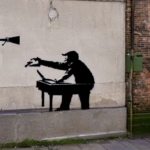 Image similar to a banksy street art depicting a disc jockey using two turntable, highly detailed