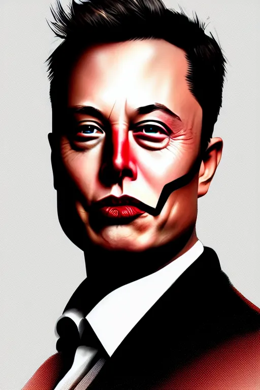 Image similar to elon musk in style of two - face harvey dent one side face has dragonskin fantasy sharp focus intricate elegant digital painting artstation