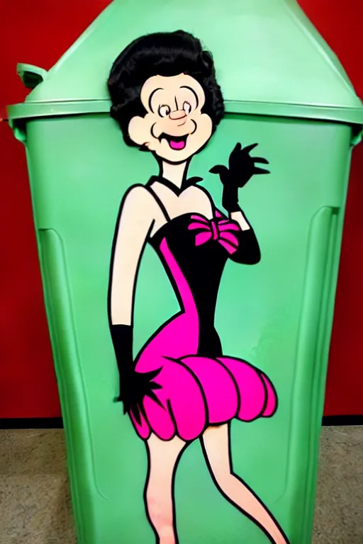 Image similar to full view, from a distance, of anthropomorphic trashcan who is betty boop from 1 9 3 0, full of trash, highly detailed