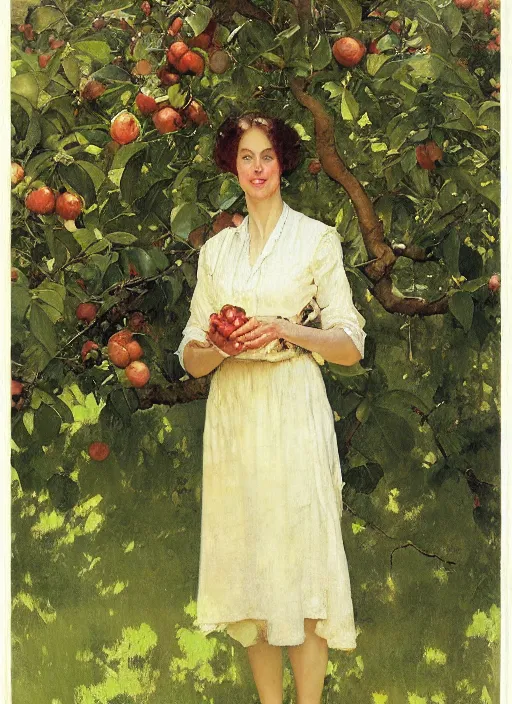 Image similar to illustration full body portrait of elegant slim mature woman standing in orchard, by norman rockwell, roberto ferri, daniel gerhartz, tom lovell, dean cornwell