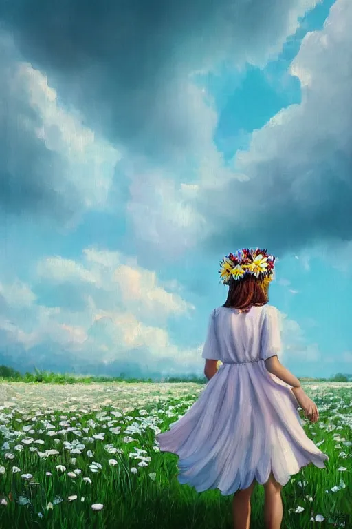 Prompt: giant white daisy flower crown as head veil, girl walking in a flower field, surreal photography, sunrise, dramatic light, impressionist painting, colorful clouds, digital painting, artstation, simon stalenhag