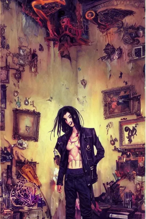 Prompt: a skinny goth guy standing in a cluttered 9 0 s bedroom, full body character concept art, vaporwave colors, karol bak art,