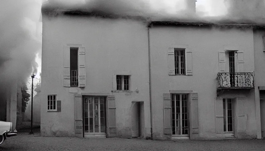 Prompt: 1 9 7 0 s movie still of a heavy burning french style townhouse in a small french village by night, cinestill 8 0 0 t 3 5 mm, heavy grain, high quality, high detail, dramatic light, anamorphic, flares