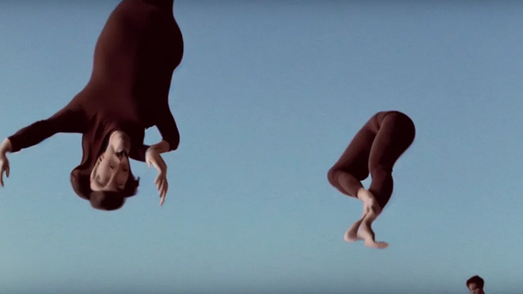 Image similar to a woman in a plank position free falling through the air, film still from the movie directed by Denis Villeneuve with art direction by Salvador Dalí, wide lens