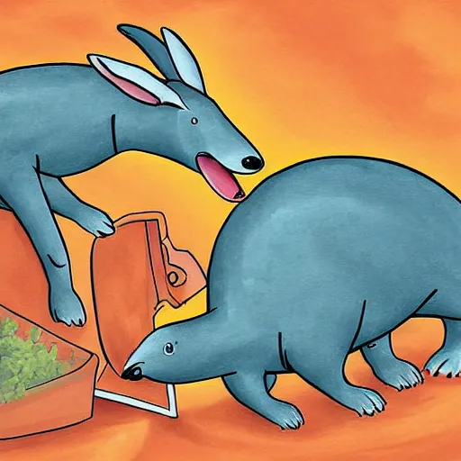 Prompt: the aardvark plays with the anaconda on a friday while taking out the trash, digital art