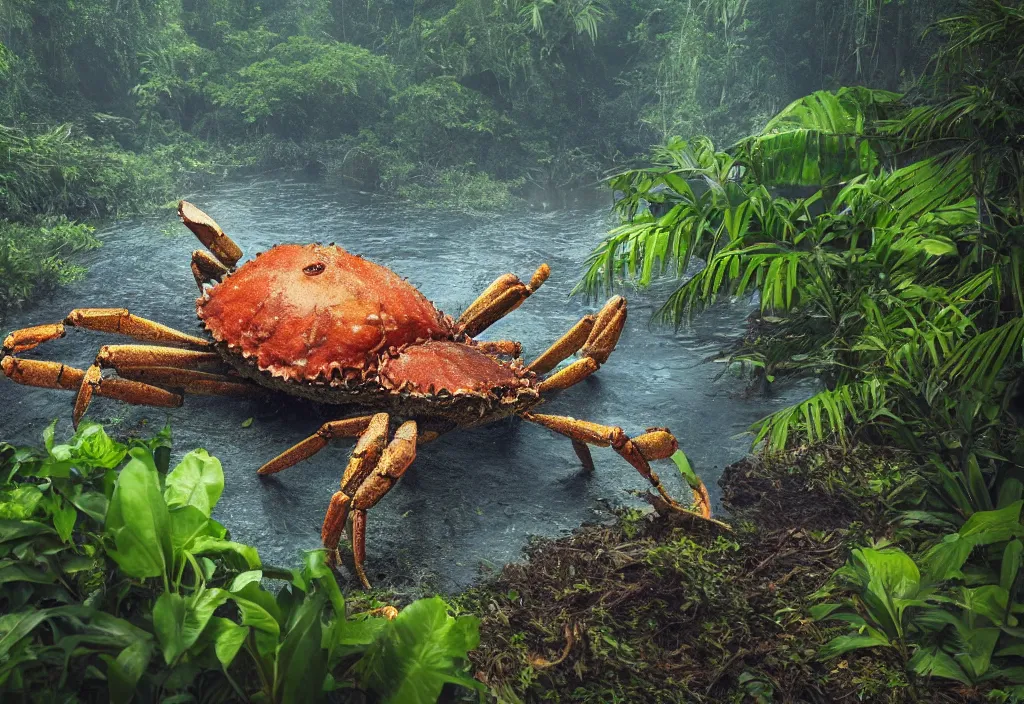 Image similar to an giant crab king emerging from the waters, in a jungle, ominous light from above, ambient light, fog, river, very poetic