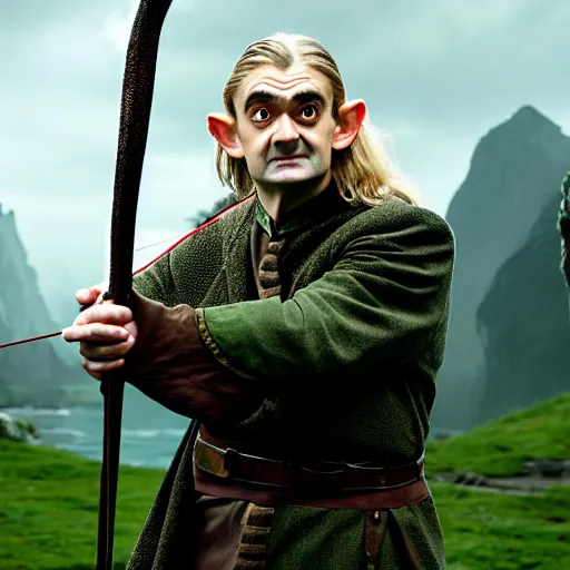 Prompt: mr. bean as legolas from lord of the rings. movie still. cinematic lighting.