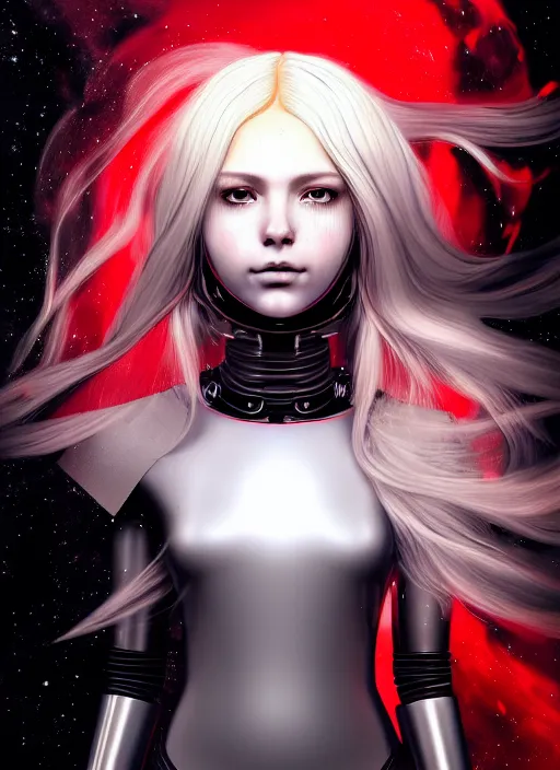 Prompt: highly detailed portrait of a hopeful pretty astronaut lady with a wavy blonde hair, by Karol Bak, 4k resolution, nier:automata inspired, bravely default inspired, vibrant but dreary but upflifting red, black and white color scheme!!! ((Space nebula background))