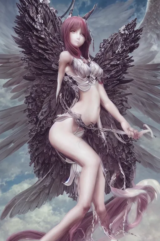 Image similar to beautiful demon anime maiden with angelic wings, intricate, elegant, highly detailed, artstation, concept art, illustration, art by Yoshitaka Amano