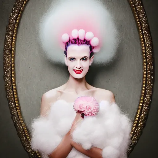 Image similar to portrait of a cute smiling bride of frankenstein with soft pink and white cotton fluffy balls floating in image, fashion photography, highly detailed, digital photography by jheronimus bosch and james jean and james rutkowski, fashion photography