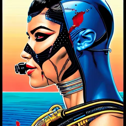 Image similar to a profile photo of a egyptian woman with a diving oxygen mask with side profile blood in ocean intricate details by MARVEL comics and Sandra Chevrier-C