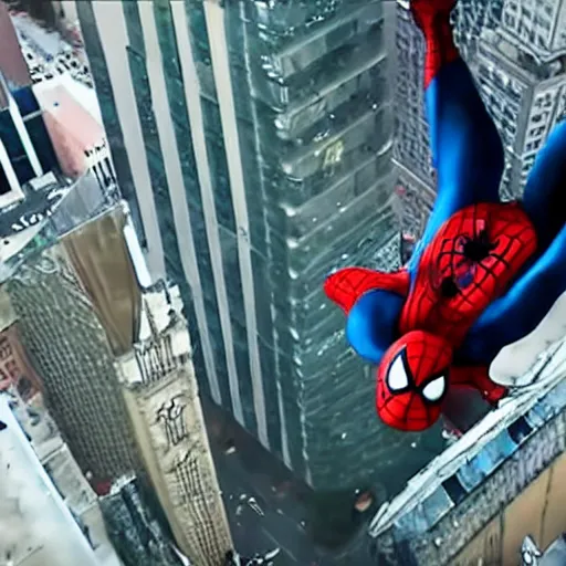 Prompt: GoPro footage of Spider-Man swinging through the city