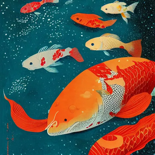 Image similar to giant koi carper in a magical underwater world, oil painting victo ngai