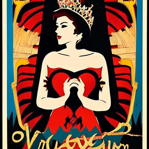 Prompt: a vintage movie poster titled ( ( vulvina ) ), a queen in love with death, oriental, tarot, jewels, by saul bass!!!!, graphic design, flat color, 7 0 s vibe, solid color, poster, tonalism, desaturated!!, arabic!, vintage