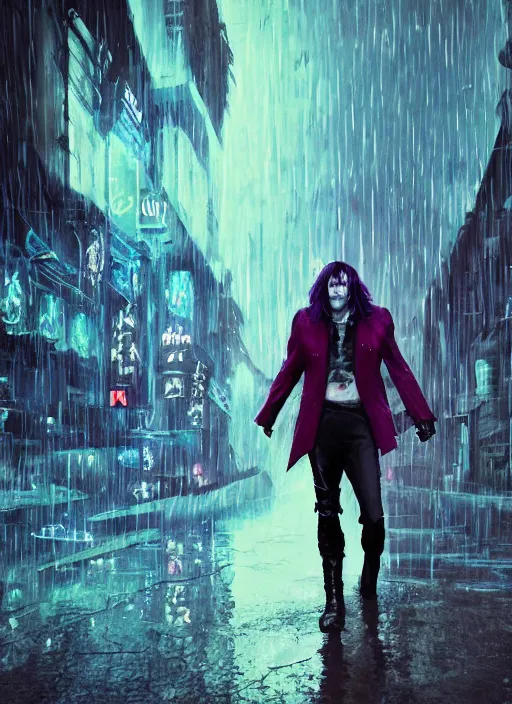 Image similar to an epic fantasy comic book style full body portrait painting of a very beautiful synthwave industrial goth trent reznor as snape walking in the rain, neon reflections in the rain puddles, character design by mark ryden and pixar and hayao miyazaki, unreal 5, daz, hyperrealistic, octane render, cosplay, rpg portrait, dynamic lighting, intricate detail, cinematic