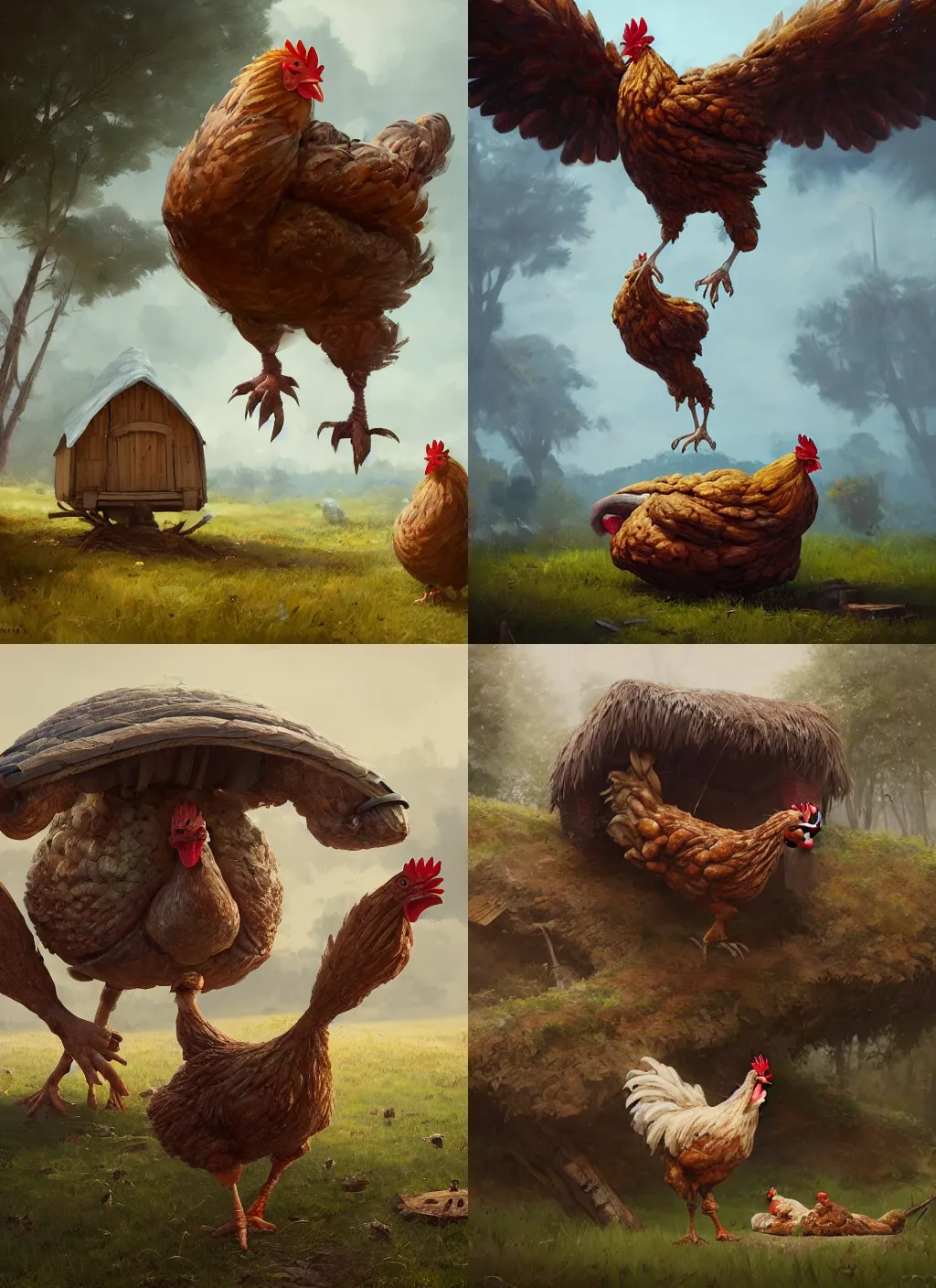 Prompt: hut over two giant chicken's legs without chicken's body, greg rutkowski, zabrocki, karlkka, jayison devadas, trending on artstation, 8 k, ultra wide angle, zenith view, pincushion lens effect